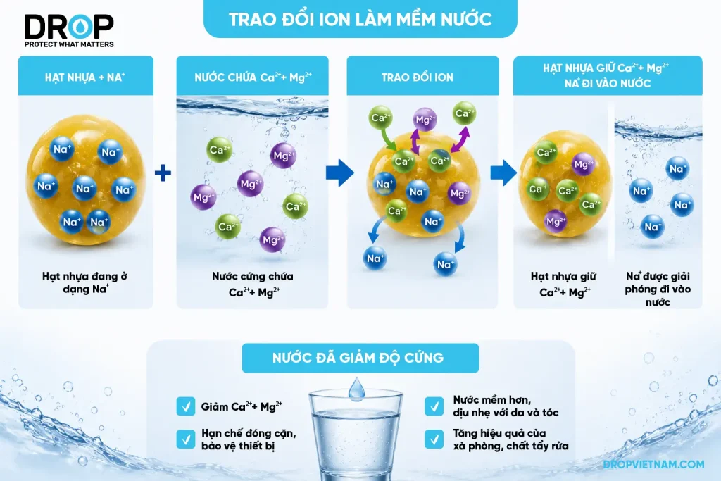 Nguyên lý trao đổi ion của hạt nhựa làm mềm nước